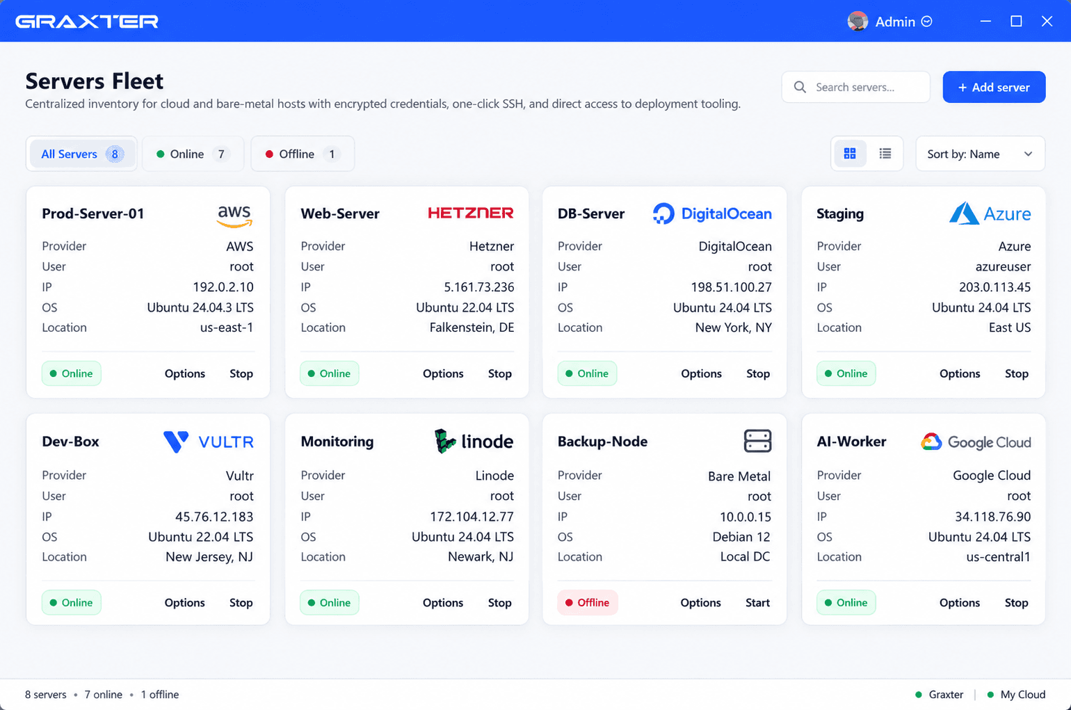 Graxter Servers Fleet with AWS and Hetzner hosts online