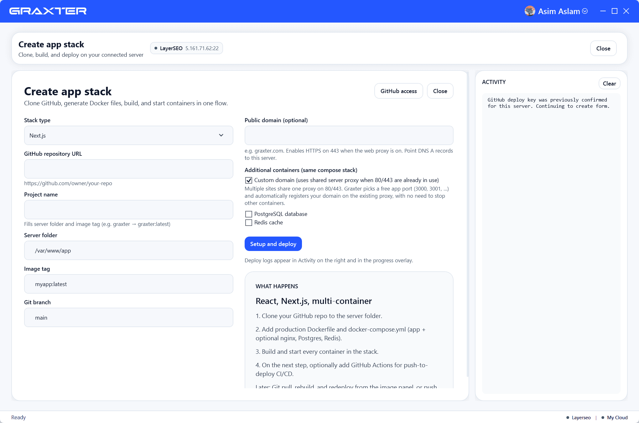 Graxter Create app stack form with Activity panel