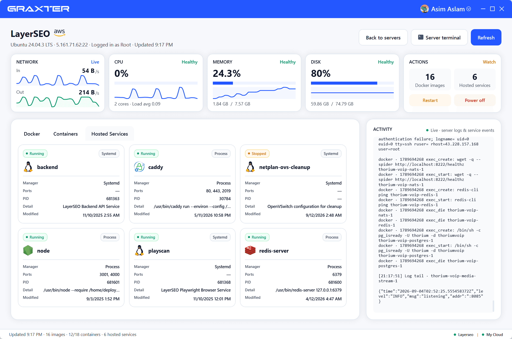 Graxter hosted services tab showing systemd and process services