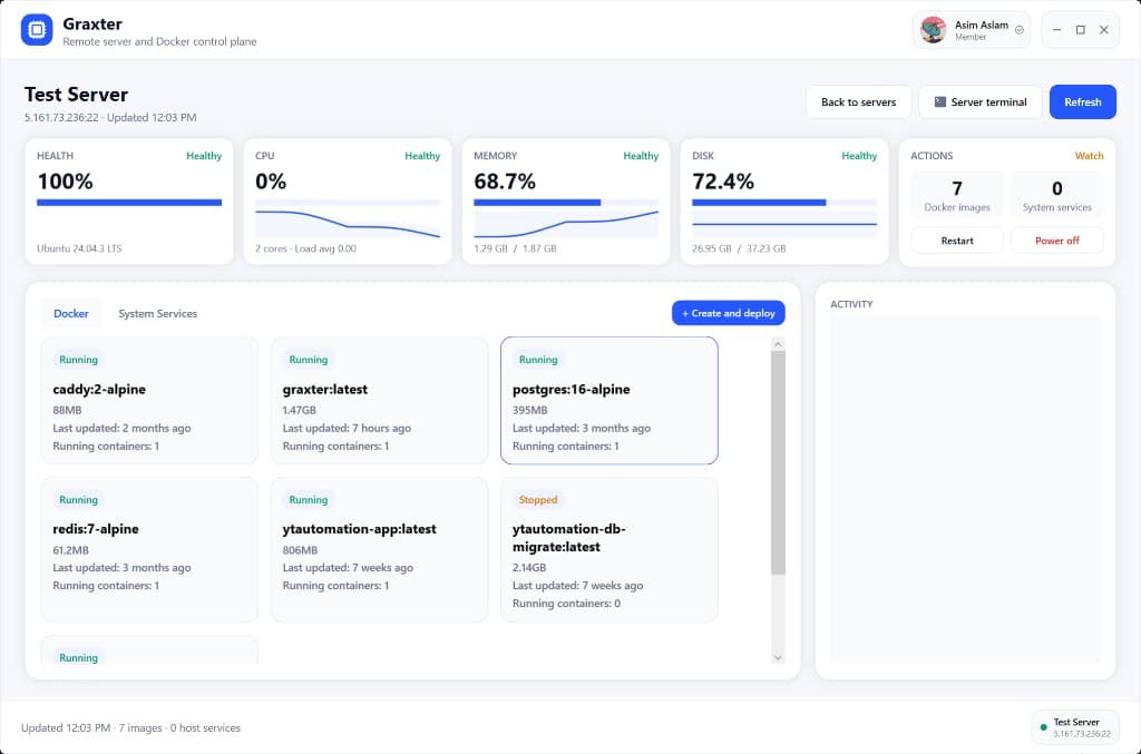 Graxter control plane showing real-time server health, CPU, memory, disk, and Docker metrics