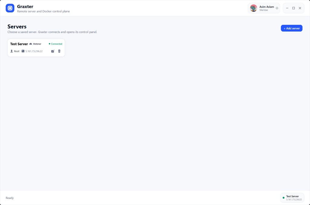 Graxter fleet view listing saved servers with live connection status